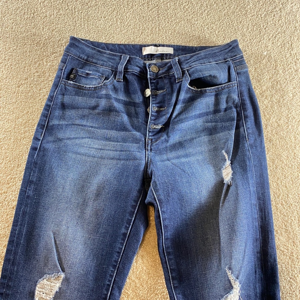KanCan Skinny Jeans Womens 9/28 Dark Wash Excellent Distressed Button Fly - Picture 9 of 12